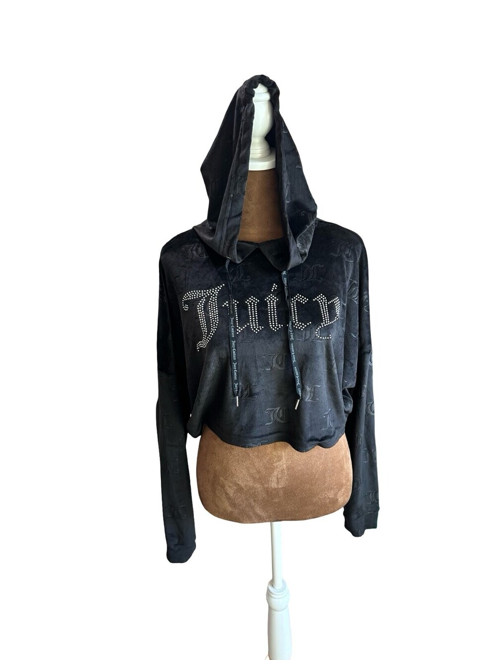 Juicy Couture Black Velour Rhinestone Cropped Hoodie Womens Small Y2K Vintage